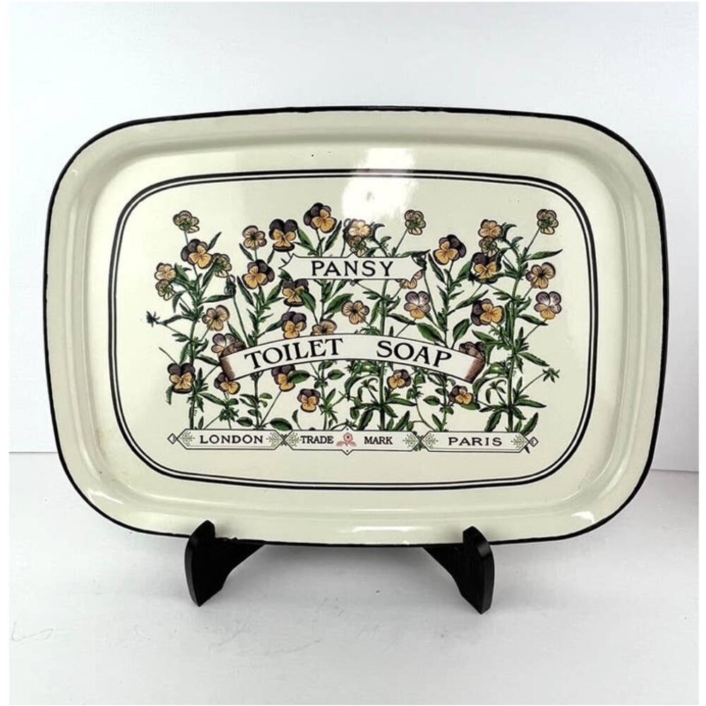 Vintage Pansy Toilet Soap Porcelain Enamelware Serving Tray